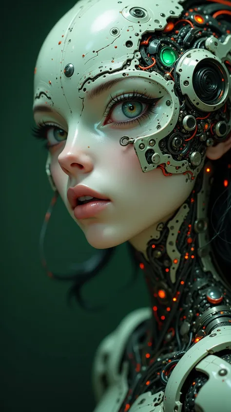 masterpiece，Quality Best，high quality，Very Beautiful，absurd， latest，8k，depth of field，Focus theme ，A close-up portrait of an alien woman，Her striking feature is the blending of the elegant and subtle mechanical elements of alien aliens。Her skin is smooth，e...