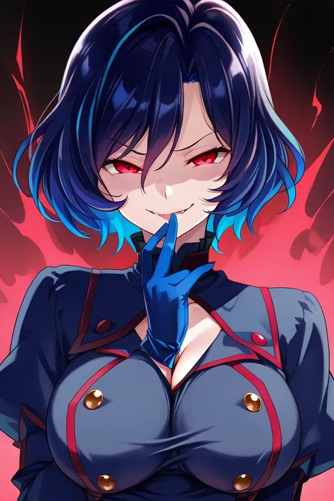  2 Big breasted girl, blue hair, multicolored hair, detailed eyes, naughty expression, lust,  evil smile, blue glove, red eyes,  short hair, Character: Momo Ayase from DanDada ,  blouse open between the breasts 