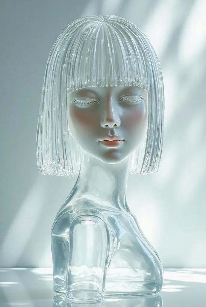 Please make a beautiful illustration of a beautiful Japanese woman sculpture made of transparent glass material. She has a straight bob cut with a line of her chin, a glossy surface, a bright abstract pattern that reflects bright and soft light on the back...