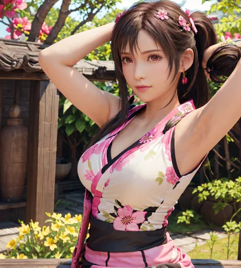 FF7 Remake Tifa Lockhart、8K wallpaper,((Dark red hair、left side shortcut ponytail)),((Cross your arms above your head to show your armpits)),1 girl, solo, Highest quality, ultra high definition, big breasts, beautiful pretty red eyes, earrings, ((Flower fi...