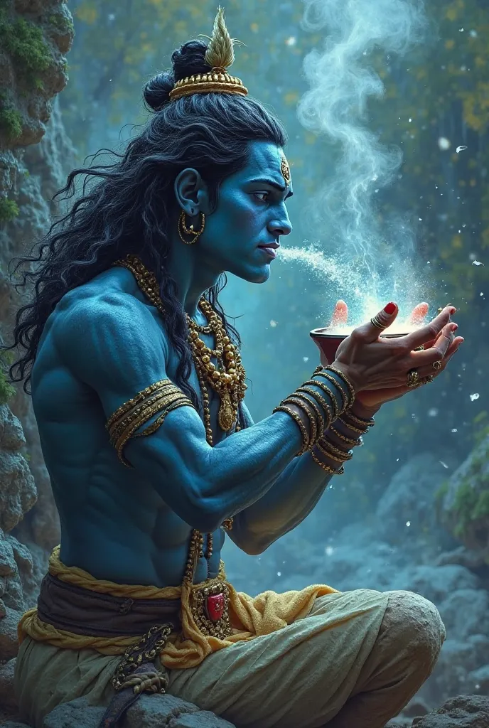 Shiva cups his hands and collects the poison, bringing it to his lips.  
- His throat begins to turn blue as he holds the poison there, preventing it from spreading.  
- The Devas and Asuras watch in awe and gratitude, their fear replaced by reverence.