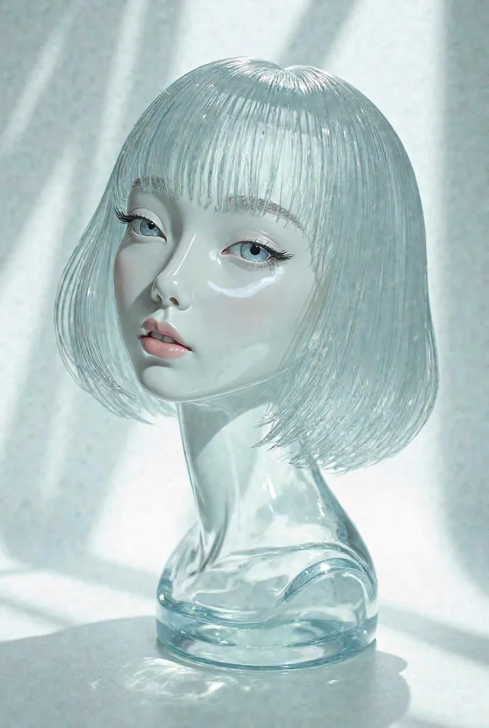 Please make a beautiful illustration of a beautiful Japanese woman sculpture made of transparent glass material. She has a straight bob cut with a line of her chin, a glossy surface, a bright abstract pattern that reflects bright and soft light on the back...