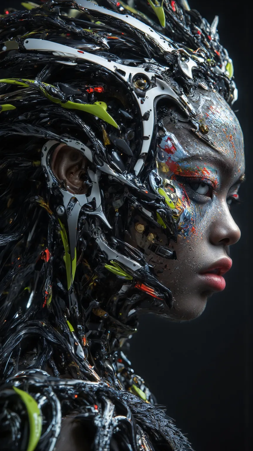 masterpiece，Quality Best，high quality，Very Beautiful，absurd， latest，8k，depth of field，Focus theme ，A close-up portrait of an alien woman，Her striking feature is the blending of the elegant and subtle mechanical elements of alien aliens。Her skin is smooth，e...