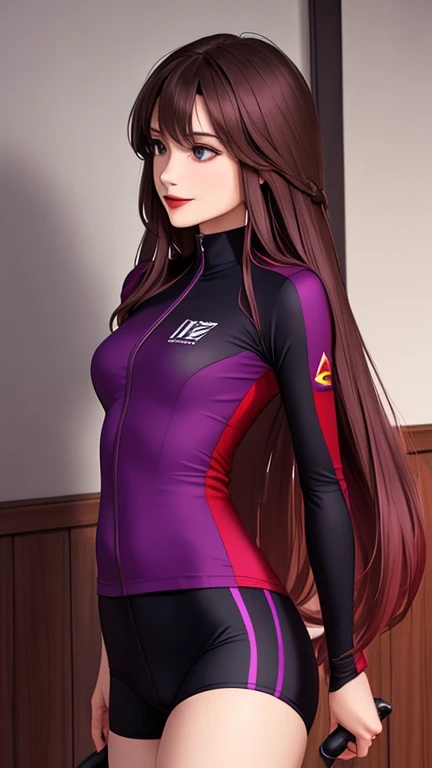 woman , long hair brown, normal, dark, she is solo, from alternative world ,best quality, realistic, cycling (full red purple color) suit and cycling sports black shorts, she is stand , smile, red lipstick , 