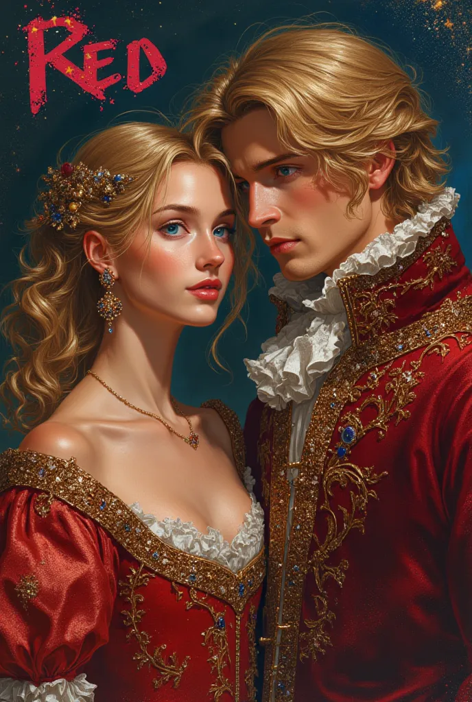  A book cover of A very beautiful  blond princess seventeen years young princess, her hair is decorated with jewelries, she is dressed extravagantly in front of a seventeen years young blond prince, medium-length hair,dressed equisitly he is very handsome ...