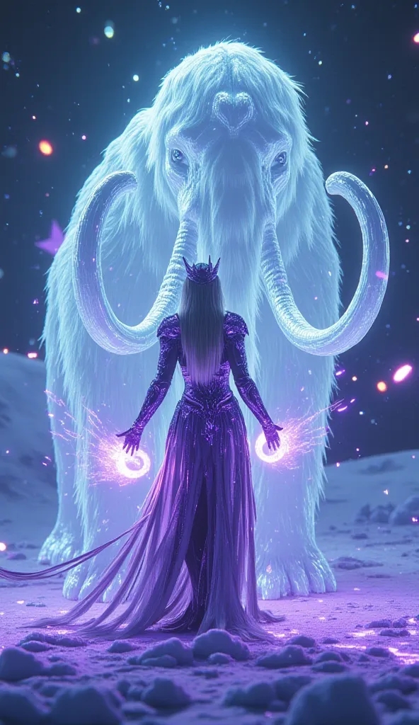 A powerful female warrior in shimmering, purple metallic armor with intricate details and crown, long flowing silver-blonde hair, standing confidently in the center and launching purple-silver ring flames from her both hand. She is flanked by one enormous ...