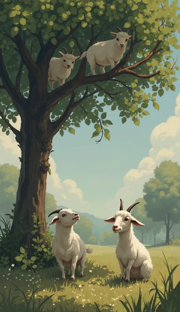 A small, sad goat looking up at a tree while other goats eat the leaves above. The little goat appears helpless and disappointed.