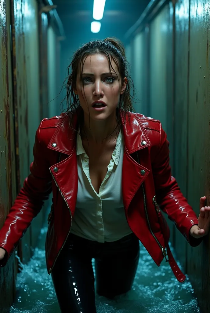 A close-up view of a drenched woman struggling in rising floodwater inside a dark, industrial-style room.

Clothing:

Her red leather jacket, once a symbol of boldness and resilience, is now completely soaked, clinging tightly to her body. The waterlogged ...