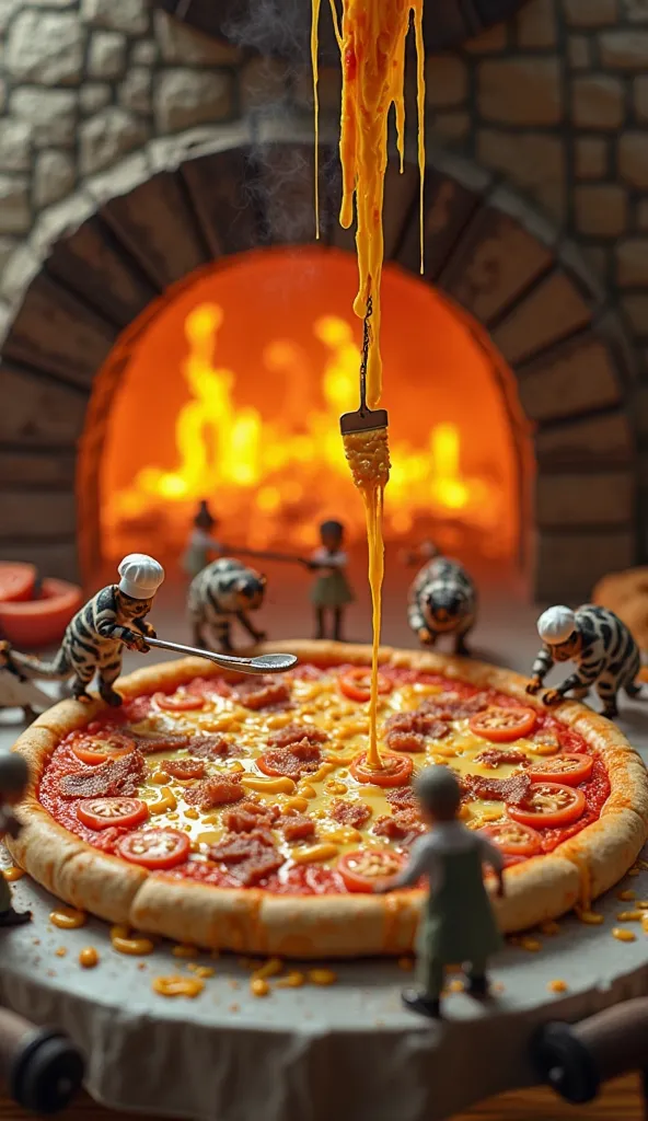 A breathtaking macro-perspective cinematic scene of a team of tiny cats working together to create a giant lava cheese pizza. They are meticulously organized, each with a specific role. Some are using miniature cranes to lift gooey, melted cheese that stre...