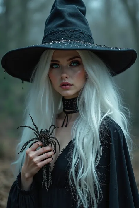 Beautiful witch with white long hair to the ground and black hat. ŚWIECĄCE NIEBIESKIE OCZY. CRUSHED TARANTULA FOOT