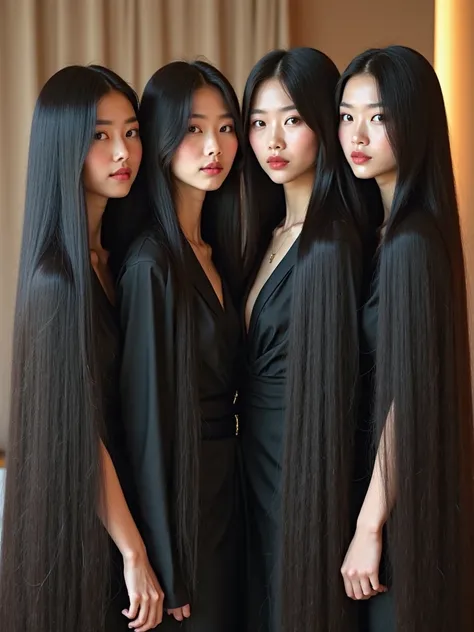 **“A hyper-realistic, ultra-detailed photograph of four elegant East Asian women with exceptionally long, thick, and voluminous hair that reaches down to their waists. Their hair is perfectly smooth, silky, and glossy, reflecting the soft ambient light bea...