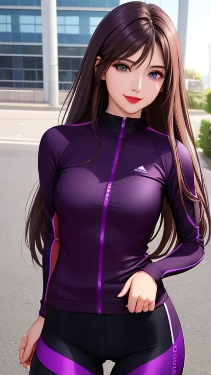 woman , long hair brown, normal, dark, she is solo, from alternative world ,best quality, realistic, cycling (full purple black color) suit and cycling sports black shorts, she is stand , smile, red lipstick , 