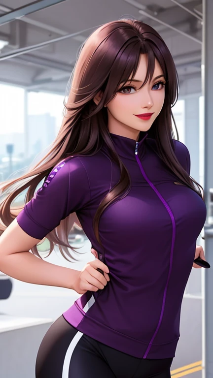 woman , long hair brown, normal, dark, she is solo, from alternative world ,best quality, realistic, cycling (full purple black color) suit and cycling sports black shorts, she is stand , smile, red lipstick , 