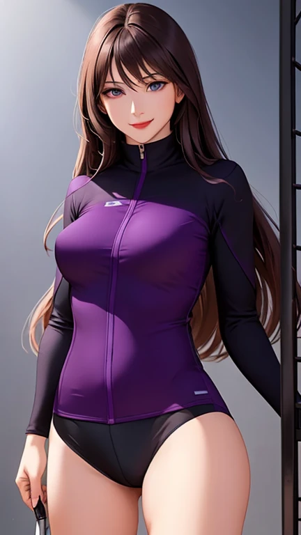 woman , long hair brown, normal, dark, she is solo, from alternative world ,best quality, realistic, cycling (full purple black color) suit and cycling sports black shorts, she is stand , smile, red lipstick , 