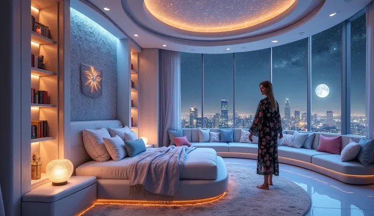 "Visualize a luxurious modern bedroom designed as a celestial retreat. The lower level boasts a large, round bed with pastel bedding woven from starlight, surrounded by cozy pillows that seem to float. Built-in shelves house glowing tomes of ancient knowle...