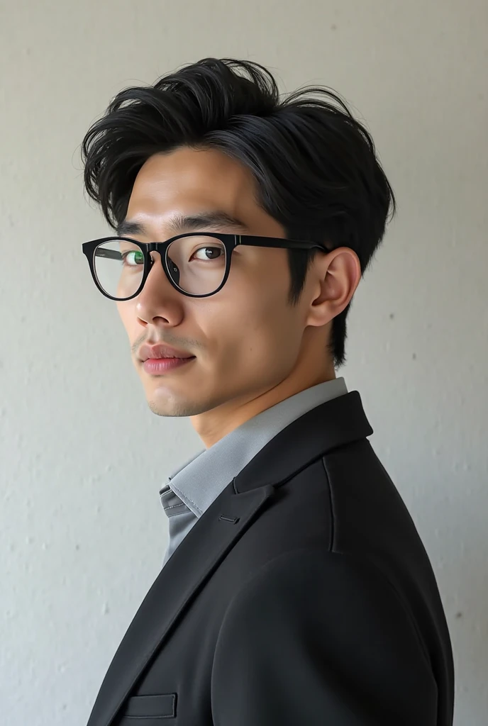 Smart slender glasses all back Japanese handsome guy in his 20s 