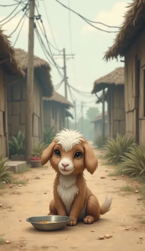 A tiny goat sitting on the roadside with a small bowl in front of it, looking hopeful but sad. The background shows a simple village or rural setting.