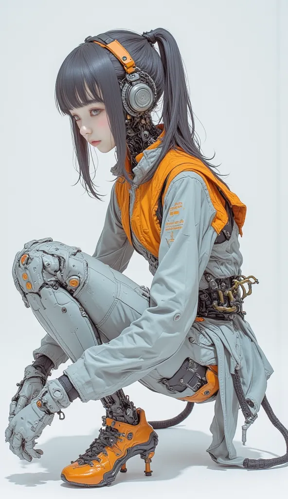 close-up of a robot wearing a white and orange suit、head imitating a Japanese high school girl、Ponytail with bangs, A close-up of a robot leg in a white and light blue suit that looks like a cutting-edge prosthetic leg,  Cybernetic Hands and Feet , Thick w...