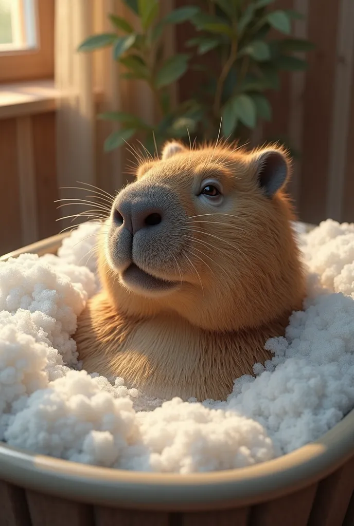 A capybara inside a tub with water bathing with ultra realistic foam 