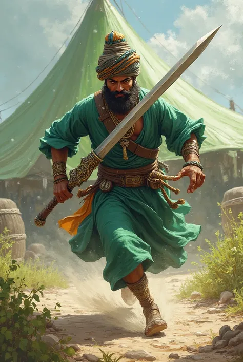 A person wears a green turban and green clothes and runs and carries a two-headed sword with a green tent behind him