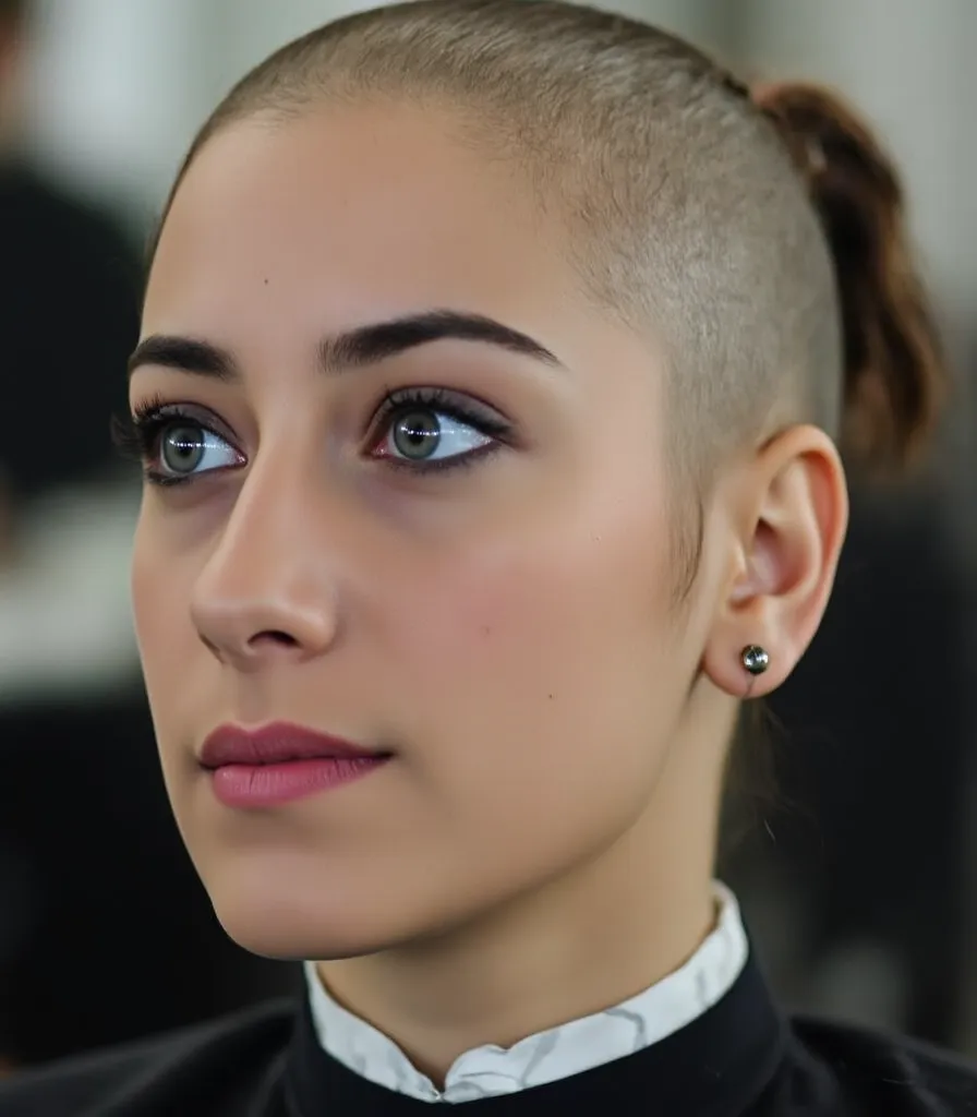 Hazal Kaya, A perfect shaped oiled Shiny smooth baldness Bald head, in a masculine-barbershop, her friends evily laugh at her in the background , A perfect shaped oiled Shiny smooth baldness Bald head, in a masculine-barbershop, her friends evily laugh at ...