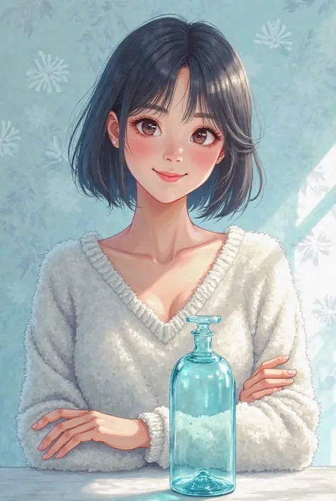 The important point is that it is made of glass! 
Please make a beautiful illustration of a beautiful Japanese woman who smiles gently and makes a sculpture made of transparent glass material.

The important point is that it is made of glass! She is wearin...