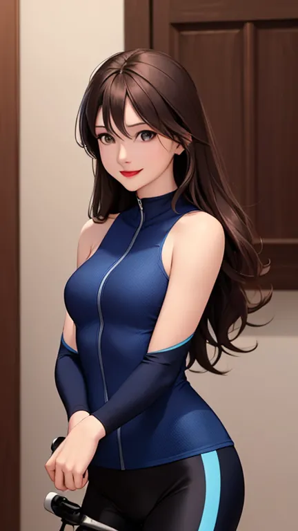 woman , long hair brown, normal, dark, she is solo, from alternative world ,best quality, realistic, cycling (full dark blue color) suit and cycling sports black shorts, she is stand , smile, red lipstick , 