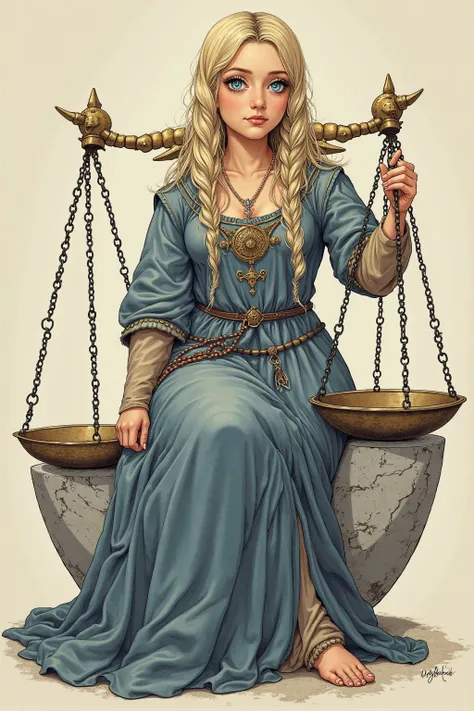 A realistic medieval fantasy portrait of Walda. She is a noble lady of 20 years. She is a short, large girl with watery blue eyes, three chins, a huge bosom, and blonde hair. She wears a gown of blue and grey. Walda sits on the left scale of an imense libr...