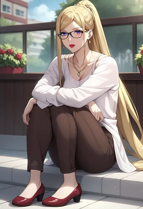 Bishamon, solo, mature, blonde hair, long hair, ponytail, violet eyes, lipstick, pale skin, black glasses, red long sleek, brown pants, red shoes, necklace, earring, natural expression, sitting on the chair, front view, long medium shot, cozy theme, cafe s...