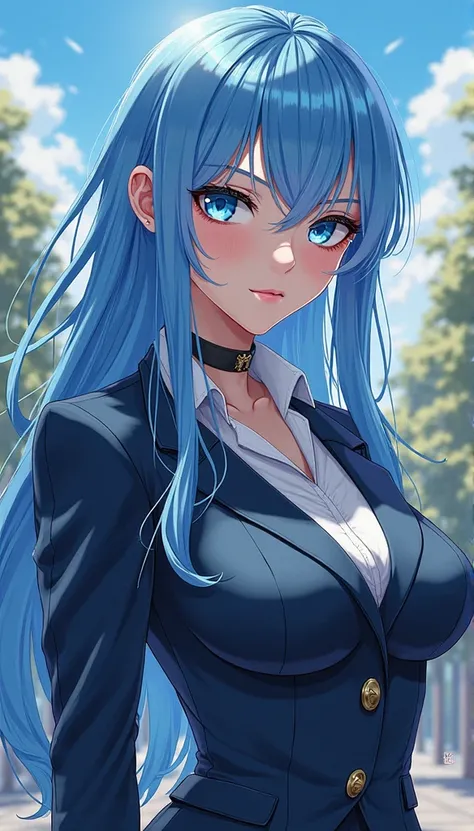 1 girl,  long hair, bangs,  light blue hair, Blue pupils、Katyusha, big breasts, sling, schools、 blazer、high school girl