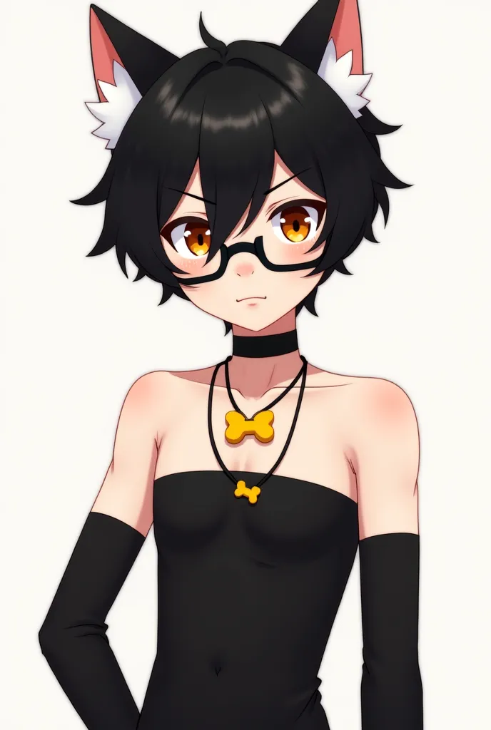  effeminate boy,  short black hair, a necklace with a yellow bone, orange and brown eyes, white cat ears , a black tube top shirt, Arm warmers black, low black Mole beauty glasses, and a white Cowclick