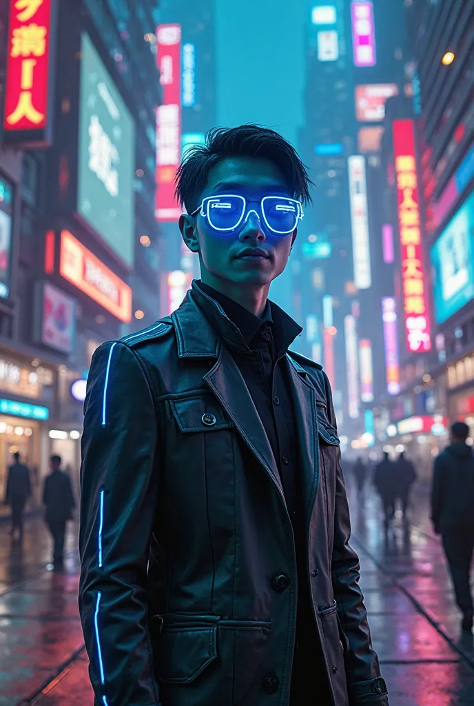 Futuristic cyberpunk city with people walking around and humanoid robots walking around and medium build male with short black hair wearing black suit with blue neon wearing blue neon goggles close up facing the camera up close 