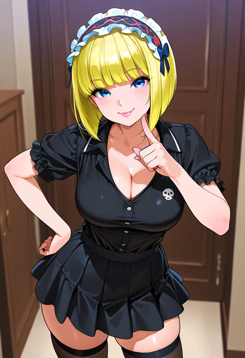 cute woman, one hand on hip, one finger sign, glossy silky flowing high layered bob cut hair, smiling mischievously, lewd expression, seduction, pink lips, captivating blue eyes, make up, lewd great body proportion, cleavage, wearing black polo shirt, blac...