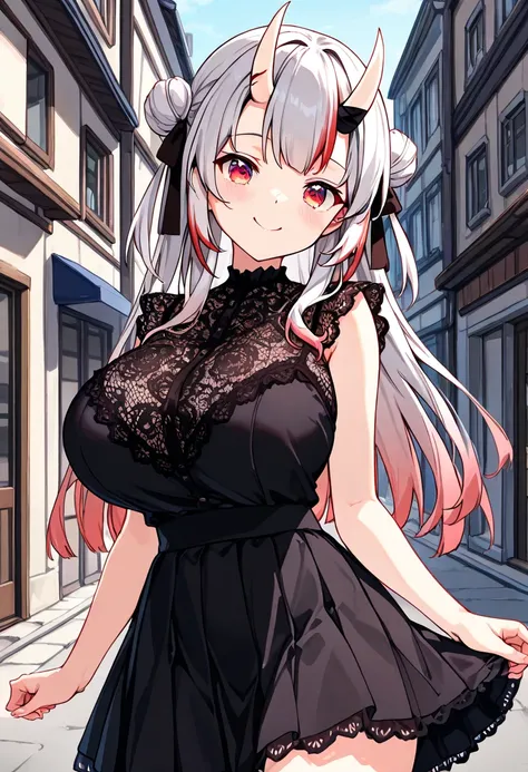 (Highest quality , 8k , masterpiece , incredibly absurdres , perfect body , super detailed skin , highly detailed eyes and face , 1 woman ) ,  nakiri ayame , Silver Hair , red eyes , demon horn , smile ,  will be happy , ( Lace blouse, tulle skirt , street...