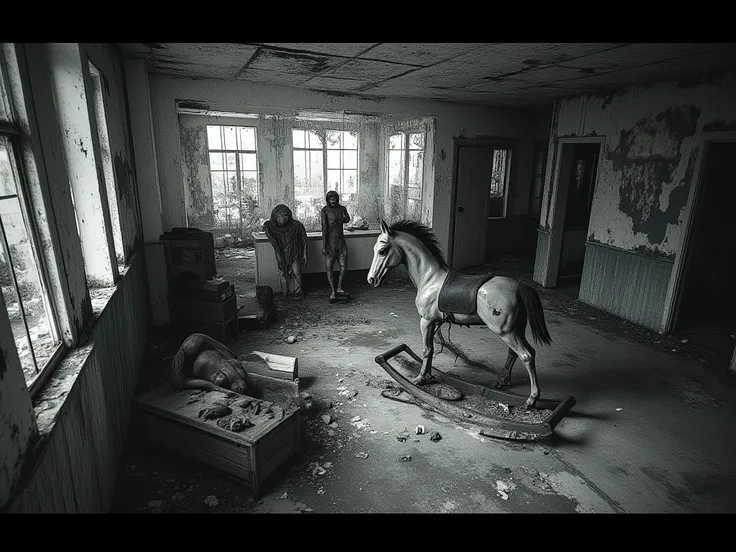 CCTV footage, abandoned orphanage playroom, rocking horse moving on its own, dolls with vacant stares, horror