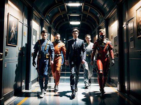  Masterpiece , 8 k, Highly detailed, photorealistic, epic picture, Very high resolution, complex details,  Futuristic , species, three astronauts, dressed in colorful clothes, are walking down the spacecraft corridor, festival of rich colors,  sophisticate...