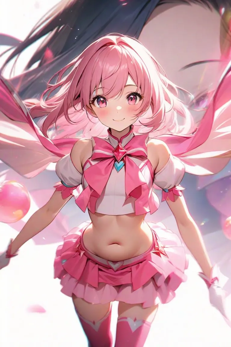 1 girl、 Magic Girl、 pink costume 、crop top、chestＨcup、belly button、miniskirt、thigh stockings、 Pink Short Hair、pink eyes、smile、Background white、