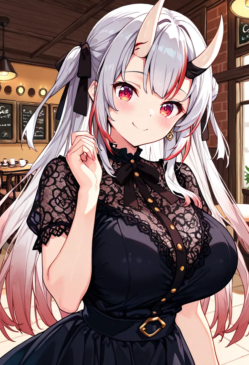 (Highest quality , 8k , masterpiece , incredibly absurdres , perfect body , super detailed skin , highly detailed eyes and face , 1 woman ) ,  nakiri ayame , Silver Hair , red eyes , demon horn , smile ,  will be happy , ( Lace blouse, tulle skirt , cafe :...