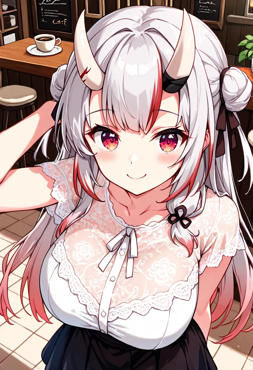 (Highest quality , 8k , masterpiece , incredibly absurdres , perfect body , super detailed skin , highly detailed eyes and face , 1 woman ) ,  nakiri ayame , Silver Hair , red eyes , demon horn , smile ,  will be happy , ( Lace blouse, tulle skirt , cafe :...