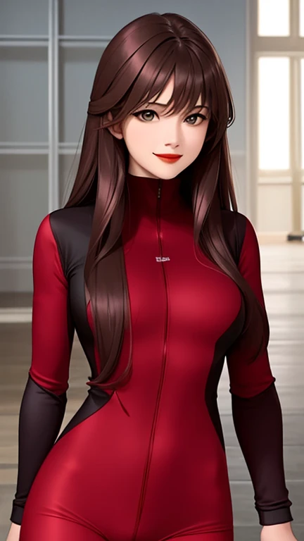 woman , long hair brown, normal, dark, she is solo, from alternative world ,best quality, realistic, cycling (full dark red color) suit and cycling sports black shorts, she is stand , smile, red lipstick , 