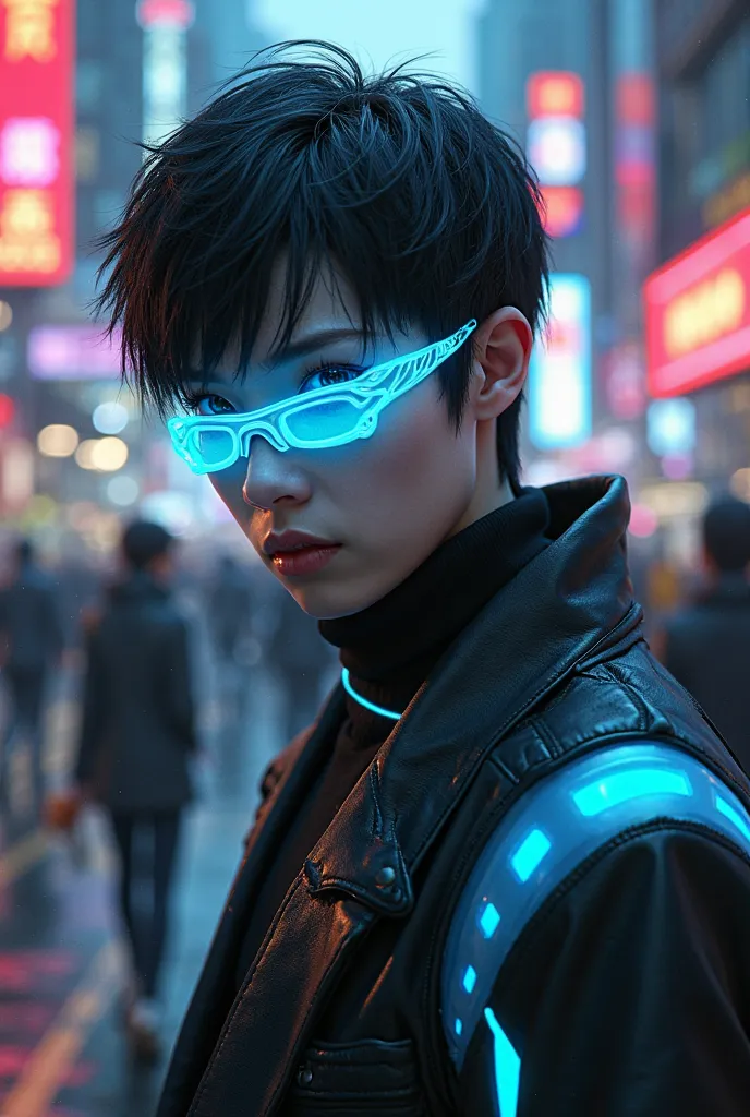 Futuristic cyberpunk city with people walking around and humanoid robots walking around and medium build white American male male with short black hair wearing black suit with blue neon wearing blue neon goggles close up facing the camera up close 