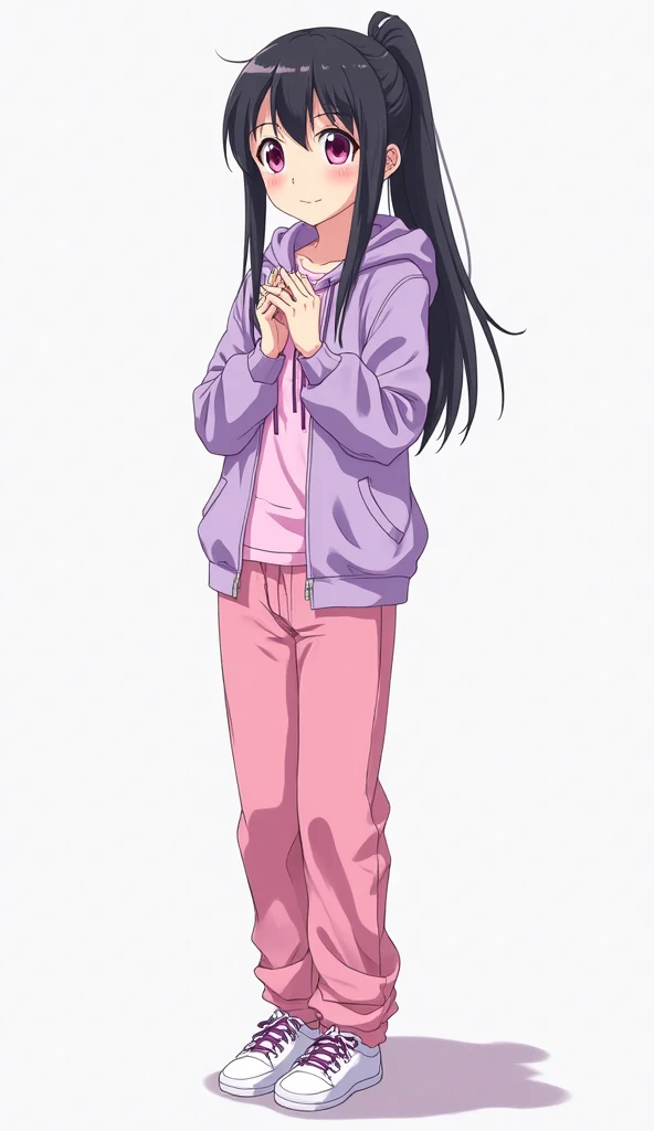 Japanese anime adolescent woman with medium long straight black hair with a ponytail and intense magenta eyes and wears a light purple hoodie with purple laces , a pink t-shirt underneath and loose pink pants with white shoes in shades of pink and a white ...