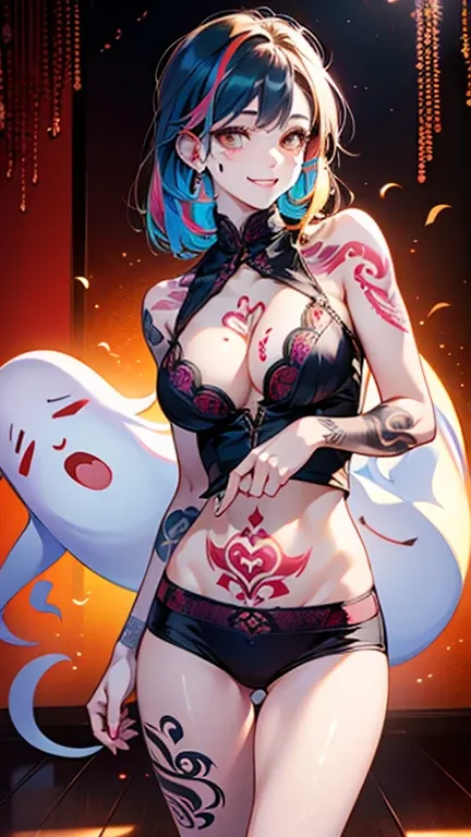 Attractive beautiful girl with beautiful boobs, Pear shape,transparent skin on the front, realistic on the hand, (Oriental ghosts), (Colorful Tattoos: 1.4) Clothes with colorful and intricate patterns, scary background, marvelous cg, It floats slightly fro...