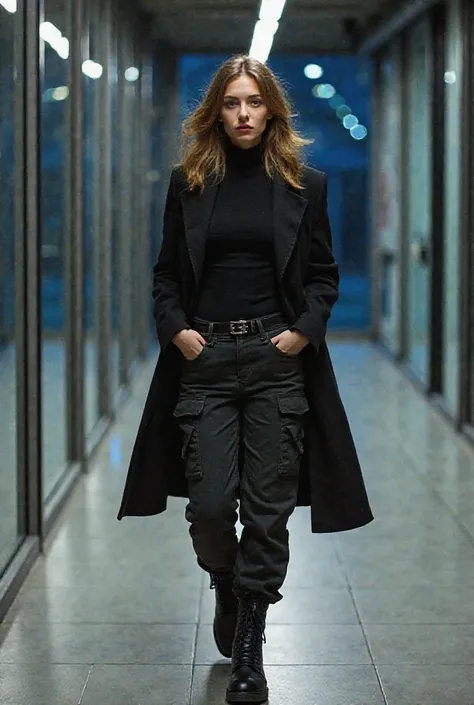 A stylish young man with medium-length wavy hair walks confidently down a modern indoor hallway with glass windows and industrial-style ceiling lights. She wears a black long overcoat, a fitted turtleneck sweater, and cargo-style pants tucked into black co...