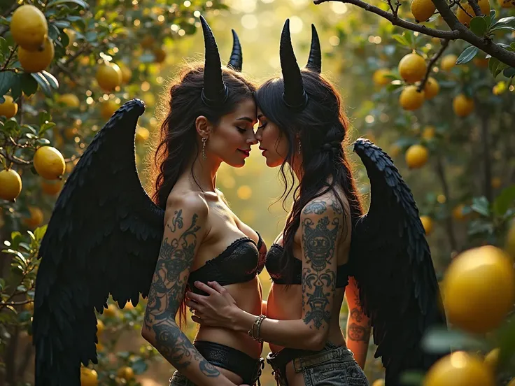 (Sign that clear say"LEMONCOLOSO"), demons gotics girls with black wings like Harley Queen and Wednesday, beetween the woods and trees liking and playing with the lemons, in the middle of a beatifull lemon tree field, is a night with smoke but the lemons a...