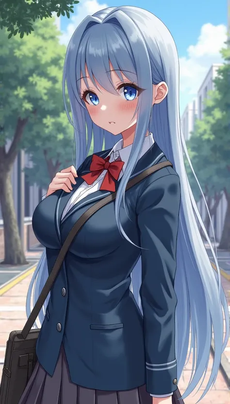 1 girl,  long hair,  straight bangs,  light blue hair, Blue pupils、Katyusha, big breasts, sling, schools、 blazer、high school girl、Young lady、Looks bored, 