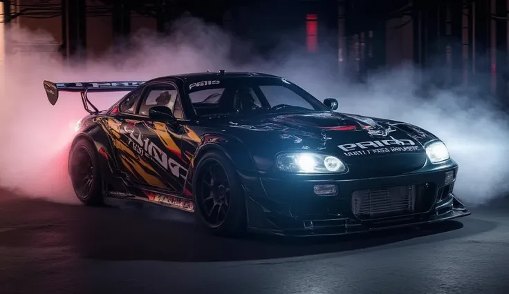 Drift in a cool car in motion, the wheels are turned, in a body kit, knocks sideways, tuning, smoke from under the wheels , NeonHigh definition, best quality, Highly detailed, Very detailed