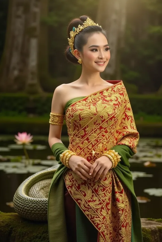 A detailed, high-resolution, full-body close-up airbrush painting of an elegant Thai woman wearing a silk cloth with a complex, shiny, ornate Thai pattern. With intricate gold embroidery patterns. Sitting with a sweet smile, close to the side of a green-an...