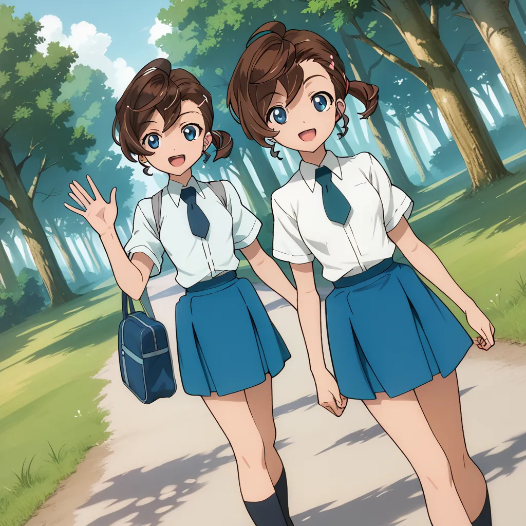 score_9, score_8_up, score_7_up, 1girl, solo, uncensored,  manainuyama, 1girl, solo, smile, open mouth, waving, looking at viewer, walking, dutch angle, white shirt, blue necktie, brown hair, blue eyes, blue skirt, outdoors, forest, path, grass, trees 