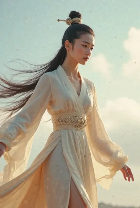 A sexy Chinese warrior beauty is dancing in the sky，, （look same alike Liu Xi Jun ），Vintage Hairstyle，Uniform fit，Skin White ，（Wear outerwear only），（No inner lining）,（You can see the entire chest），（Legs Visible），（full body），（Unseen in private and nipples），...